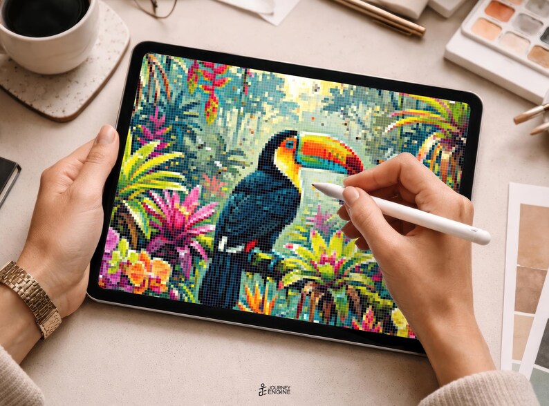 May include: A digital tablet displaying a pixelated illustration of a toucan perched amidst vibrant tropical foliage, including pink bromeliads and yellow flowers. The screen shows a detailed mosaic-style artwork with a colorful bird and plants.