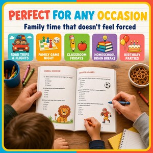 May include: An open activity book with pages titled Animal Kingdom and Sports & Games, featuring multiple-choice questions, a cartoon lion, and a football player. The top text reads PERFECT FOR ANY OCCASION and Family time that doesn't feel forced.
