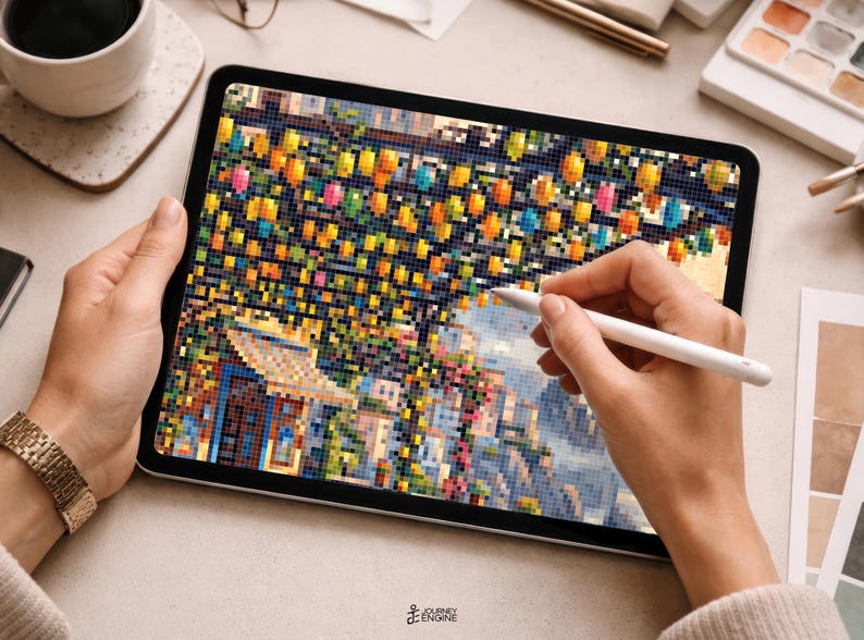 May include: A tablet displaying a pixelated digital art piece of a coastal town with colorful hanging lanterns, vibrant buildings, and greenery. A white stylus is held against the screen, which features the small text Journey Engine at the bottom.