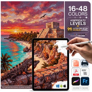 May include: A digital paint-by-number kit featuring a vibrant sunset over Tulum Mayan ruins, a coastal beach, and an iguana. The interface displays 16-48 colors, 4 difficulty levels, and a 96-color bonus level. Includes SVG, PDF, PNG, and software icons.