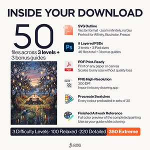 May include: A digital download package containing 50 files across 3 levels and 3 bonus guides. Includes SVG outlines, 9 layered PSDs, PDF print-ready files, high-resolution PNGs, Procreate swatches, and a finished artwork reference image.