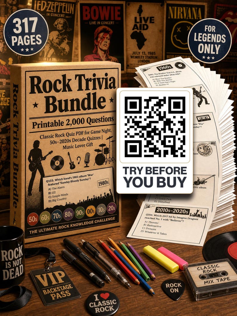 以下が含まれることがあります： 2,000問の印刷可能な質問が入ったRock Trivia Bundleボックスセット。TRY BEFORE YOU BUYと書かれたQRコードカード、クイズシートの束、ROCK IS NOT DEADと書かれた黒いマグカップ、VIPバックステージパス、色鉛筆、カセットテープが含まれています。