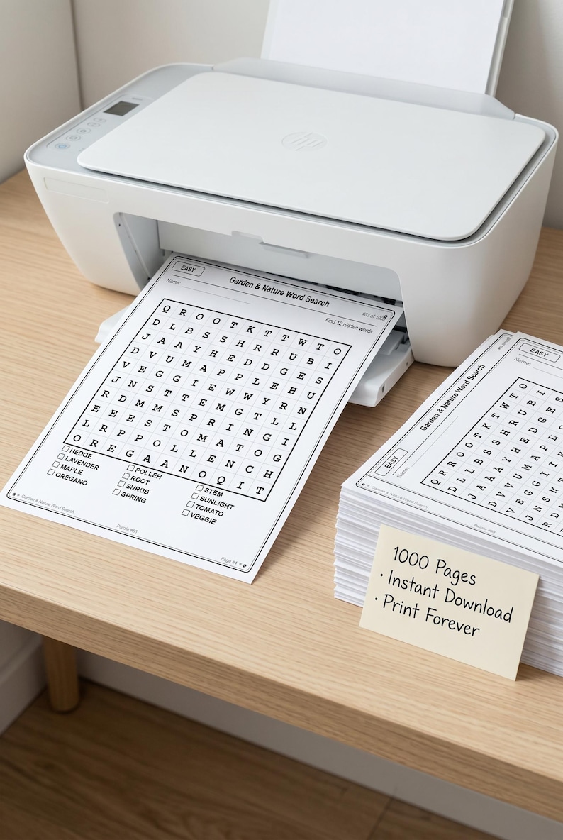 A white HP printer printing a Garden and Nature word search puzzle on plain white paper, with a stack of printed puzzles nearby