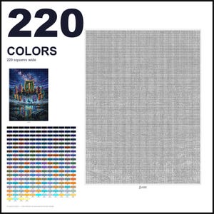 May include: A paint-by-numbers pattern featuring 220 colors and a 220 squares wide grid. The design includes a small reference image of a night sky with a circular arrangement of colorful robes over a lake, and a large grid of color swatches.