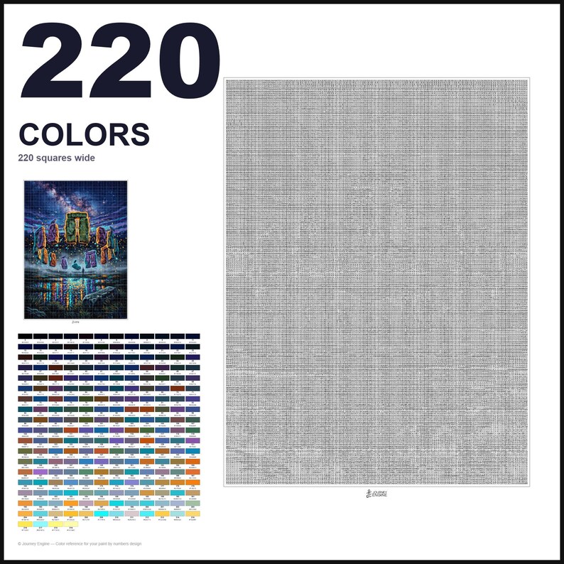 May include: A paint-by-numbers pattern featuring 220 colors and a 220 squares wide grid. The design includes a small reference image of a night sky with a circular arrangement of colorful robes over a lake, and a large grid of color swatches.