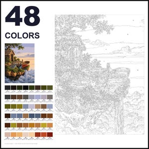 May include: A paint-by-numbers kit featuring 48 colors and a line art template of a small cabin and boat perched on a floating cliff above clouds with a waterfall. The set includes a small color reference image and a numbered grid of paint swatches.