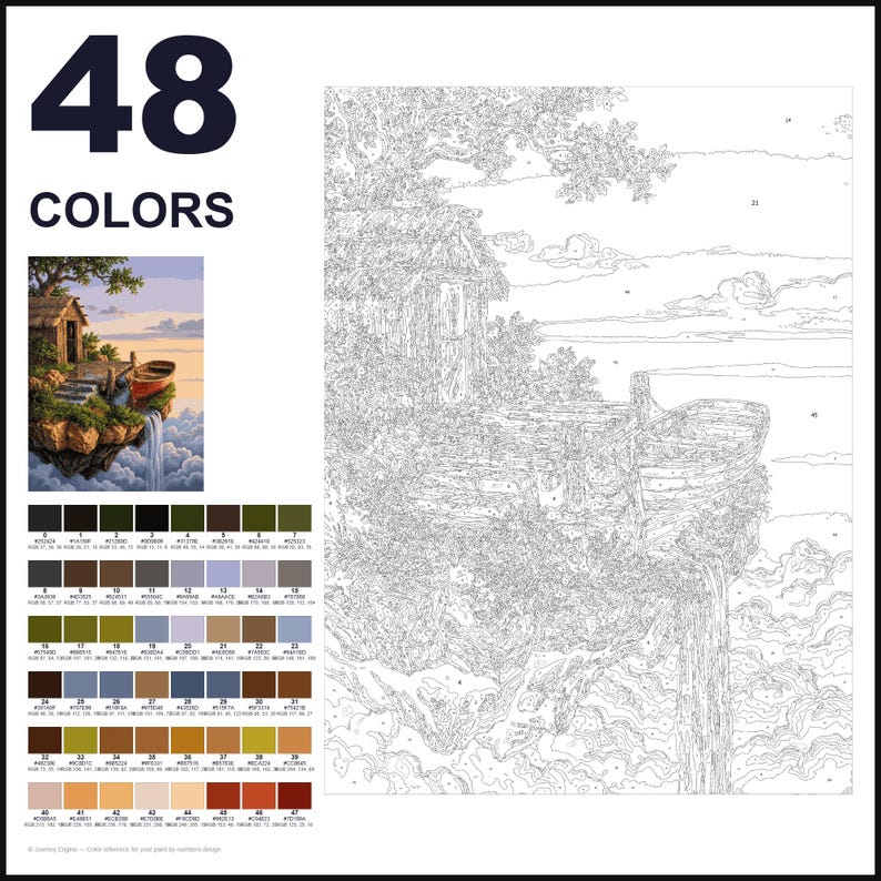 May include: A paint-by-numbers kit featuring 48 colors and a line art template of a small cabin and boat perched on a floating cliff above clouds with a waterfall. The set includes a small color reference image and a numbered grid of paint swatches.