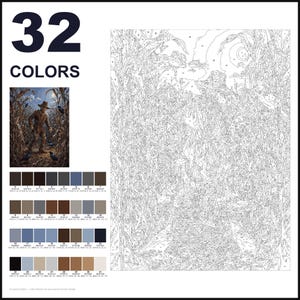 May include: A paint-by-numbers kit featuring a scarecrow in a cornfield with crows. The layout includes a large numbered outline canvas, a small color reference image, and a grid of 32 distinct color swatches with corresponding numbers.