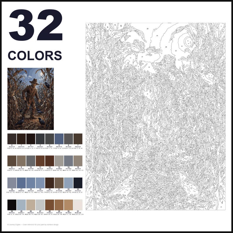 May include: A paint-by-numbers kit featuring a scarecrow in a cornfield with crows. The layout includes a large numbered outline canvas, a small color reference image, and a grid of 32 distinct color swatches with corresponding numbers.
