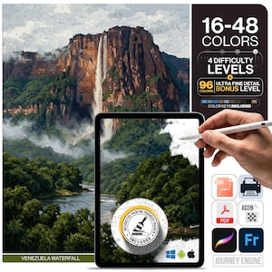 Puede incluir: Un kit digital de pintura por números con un paisaje de cascada en Venezuela. La pantalla de la tableta muestra la obra con un rastreador de progreso interactivo. El texto incluye 16-48 COLORS, 4 DIFFICULTY LEVELS, 96 ULTRA FINE DETAIL BONUS LEVEL.