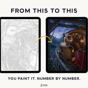 May include: Two tablets displaying a paint-by-number project. The left screen shows a grayscale line art outline of a train scene. The right screen shows the completed, colorful version featuring a fox conductor on a train. Text reads FROM THIS TO THIS and YOU PAINT IT. NUMBER BY NUMBER.