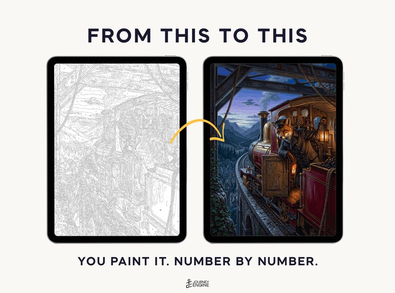May include: Two tablets displaying a paint-by-number project. The left screen shows a grayscale line art outline of a train scene. The right screen shows the completed, colorful version featuring a fox conductor on a train. Text reads FROM THIS TO THIS and YOU PAINT IT. NUMBER BY NUMBER.
