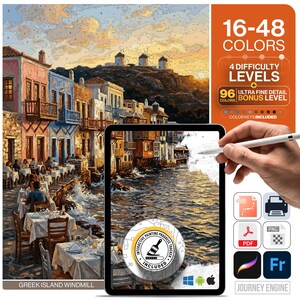 May include: A digital paint-by-number kit featuring a Greek island seaside scene with windmills, outdoor dining tables, and water. The interface displays 16-48 colors, 4 difficulty levels, and a 96-color bonus level. Includes SVG, PDF, PNG, and print icons.