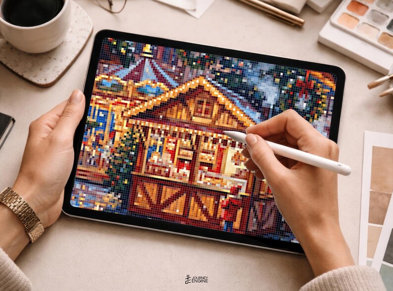 May include: A digital tablet displaying a pixel art illustration of a festive wooden market stall with warm yellow lighting, a peaked roof, and holiday decorations, being edited with a white stylus on a light-colored surface.