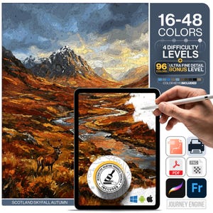 Glen Coe Paint by Numbers Digital | 5 Levels 16-96 Colors | Svg Pdf Png Procreate | Scotland Autumn Highland Movie Scene Wall Art