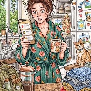 May include: A digital illustration of a person in a green floral robe holding a smartphone and a floral mug. The scene includes a French press, a bowl of oatmeal with raspberries, a stack of folded laundry, and an orange tabby cat in a kitchen.
