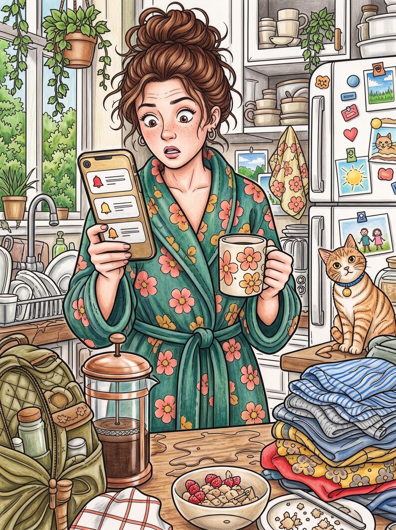 May include: A digital illustration of a person in a green floral robe holding a smartphone and a floral mug. The scene includes a French press, a bowl of oatmeal with raspberries, a stack of folded laundry, and an orange tabby cat in a kitchen.