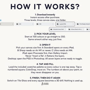 May include: An instructional graphic titled HOW IT WORKS? detailing a five-step digital process. It includes text instructions for downloading, picking levels, opening files, tapping to fill colors, and finishing, with a file structure diagram.