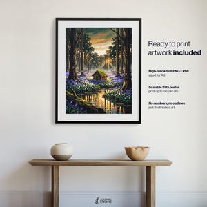 May include: A framed digital art print featuring a forest scene with a small cabin, a stream, and blue flowers. Text on the right reads: Ready to print artwork included, High-resolution PNG + PDF sized for A3, Scalable SVG poster print up to 60x90 cm.