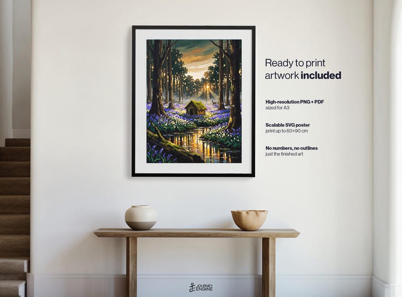May include: A framed digital art print featuring a forest scene with a small cabin, a stream, and blue flowers. Text on the right reads: Ready to print artwork included, High-resolution PNG + PDF sized for A3, Scalable SVG poster print up to 60x90 cm.