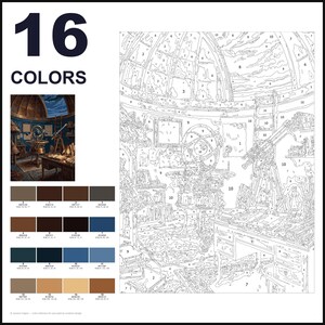 May include: A paint-by-numbers kit featuring a line art illustration of an observatory interior with a telescope, armillary sphere, and desk. The image includes a small color reference guide, a palette of 16 numbered color swatches, and the text 16 COLORS.
