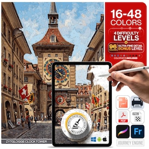 May include: A digital paint-by-number kit featuring the Zytglogge clock tower in Bern, Switzerland. The image displays a tablet screen showing the painting process, with text indicating 16-48 colors, 4 difficulty levels, and a bonus level.