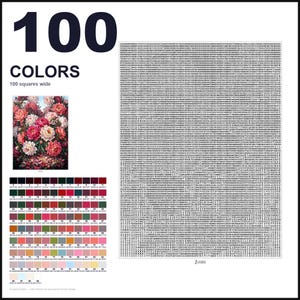 May include: A paint-by-numbers guide featuring the text 100 COLORS 100 squares wide, a floral image of pink and red peonies, a grid of 100 numbered color swatches with hex codes, and a large square grid filled with small numbers for painting.