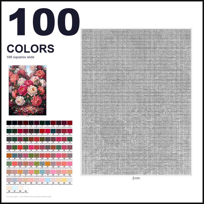 May include: A paint-by-numbers guide featuring the text 100 COLORS 100 squares wide, a floral image of pink and red peonies, a grid of 100 numbered color swatches with hex codes, and a large square grid filled with small numbers for painting.