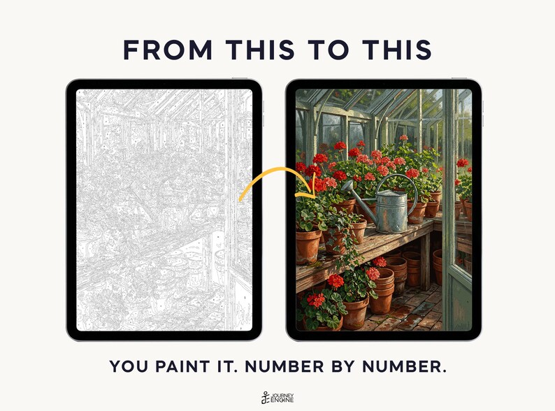 May include: Two tablets displaying a paint-by-number project. The left screen shows a grayscale line drawing of a greenhouse with plants. The right screen shows the completed, colorful version with red flowers and a watering can. Text reads FROM THIS TO THIS and YOU PAINT IT. NUMBER BY NUMBER.