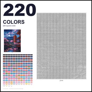 May include: A paint by numbers kit featuring a large gray grid pattern that is 220 squares wide. The image includes a small color reference picture of a Japanese pagoda with cherry blossoms and a detailed chart of 220 distinct color swatches.