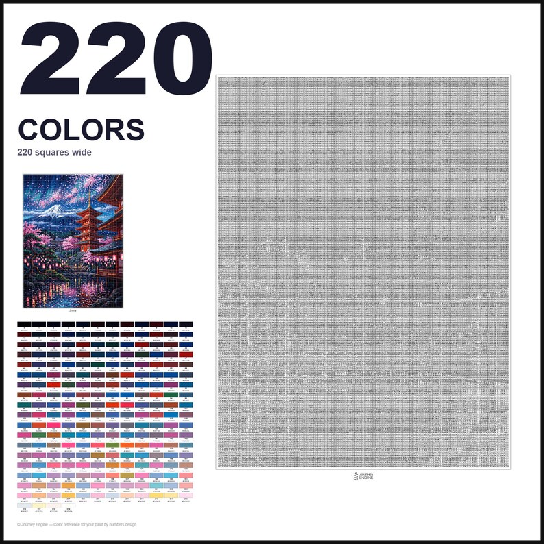 May include: A paint by numbers kit featuring a large gray grid pattern that is 220 squares wide. The image includes a small color reference picture of a Japanese pagoda with cherry blossoms and a detailed chart of 220 distinct color swatches.