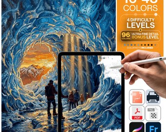 New Zealand Paint by Numbers Digital | 5 Levels 16-96 Colors | Svg Pdf Png Procreate | Franz Josef Glacier Blue Ice Cave Printable Wall Art