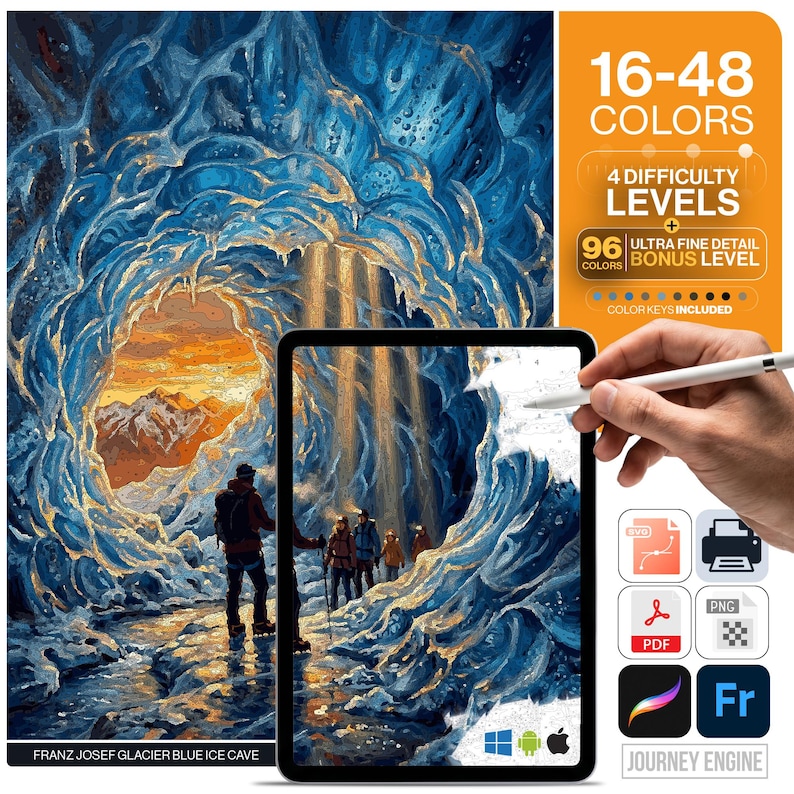 K&ouml;nnte beinhalten: Ein digitales Malen-nach-Zahlen-Set mit der Franz-Josef-Gletscher-Eish&ouml;hle. Das Bild zeigt eine Gruppe von Wanderern in einer blauen Eish&ouml;hle mit goldenen Lichtstrahlen sowie Symbole f&uuml;r Schwierigkeitsgrade und verschiedene Dateiformate.