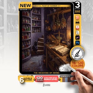 May include: A digital paint by number kit titled The Weighing of Herbs featuring a scene of a room with shelves of bottles, a black cat, and a wooden table with a scale and open book. The kit includes 120 colors, 6 levels, and an interactive tracker.