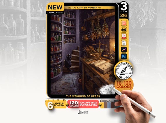 Witch Apothecary paint by numbers digital kit, Black Cat Potion Shelf Art