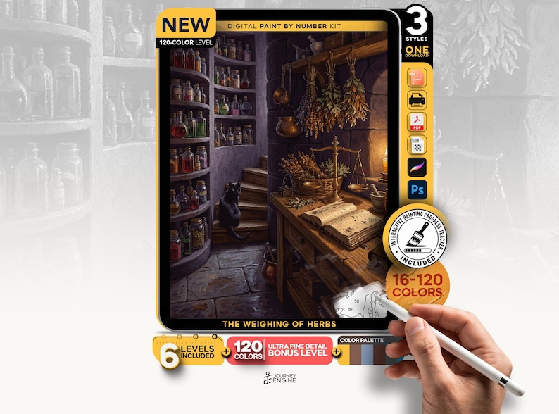 May include: A digital paint by number kit titled The Weighing of Herbs featuring a scene of a room with shelves of bottles, a black cat, and a wooden table with a scale and open book. The kit includes 120 colors, 6 levels, and an interactive tracker.