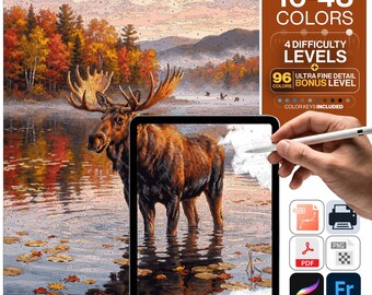Moose Paint by Numbers Digital | 5 Levels 16-96 Colors | Svg Pdf Png Procreate | Bull Moose Autumn Lake Sunrise Printable Wall Art