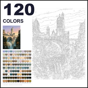 May include: A paint-by-numbers kit featuring a large outline of a castle with a bridge and waterfall. The image includes a small colored reference picture, the text 120 COLORS, and a grid of 120 numbered color swatches with hex codes.