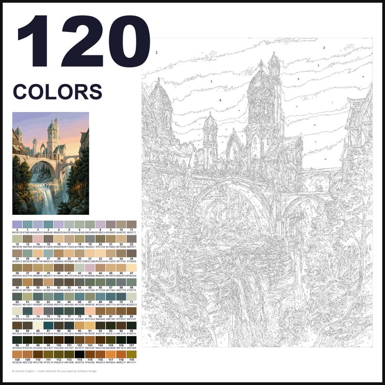 May include: A paint-by-numbers kit featuring a large outline of a castle with a bridge and waterfall. The image includes a small colored reference picture, the text 120 COLORS, and a grid of 120 numbered color swatches with hex codes.