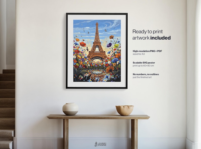May include: A framed digital art print featuring the Eiffel Tower surrounded by a vibrant field of colorful wildflowers under a blue sky. The text on the right reads: Ready to print artwork included, High-resolution PNG + PDF sized for A3, Scalable SVG poster print up to 60x90 cm, No numbers, no outlines just the finished art.