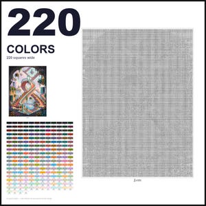 May include: A paint-by-numbers kit featuring a large grid of 220 squares wide, a reference image of a spiral staircase in a courtyard, and a comprehensive color palette chart with 220 numbered color swatches for detailed artistic painting.