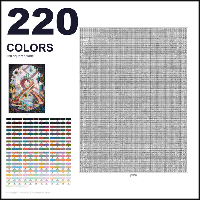 May include: A paint-by-numbers kit featuring a large grid of 220 squares wide, a reference image of a spiral staircase in a courtyard, and a comprehensive color palette chart with 220 numbered color swatches for detailed artistic painting.
