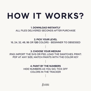May include: A white informational graphic with dark text titled HOW IT WORKS? detailing four steps: 1. DOWNLOAD INSTANTLY, 2. PICK YOUR LEVEL with 16, 24, 32, 48, 96 or 120 COLORS, 3. CHOOSE YOUR MEDIUM for iPad or print, and 4. PAINT BY THE NUMBERS.