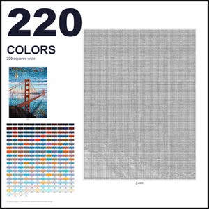 May include: A cross-stitch pattern chart featuring a large grid of symbols, a color reference key with 220 numbered color swatches, and a small preview image of the Golden Gate Bridge. The text 220 COLORS and 220 squares wide is visible.