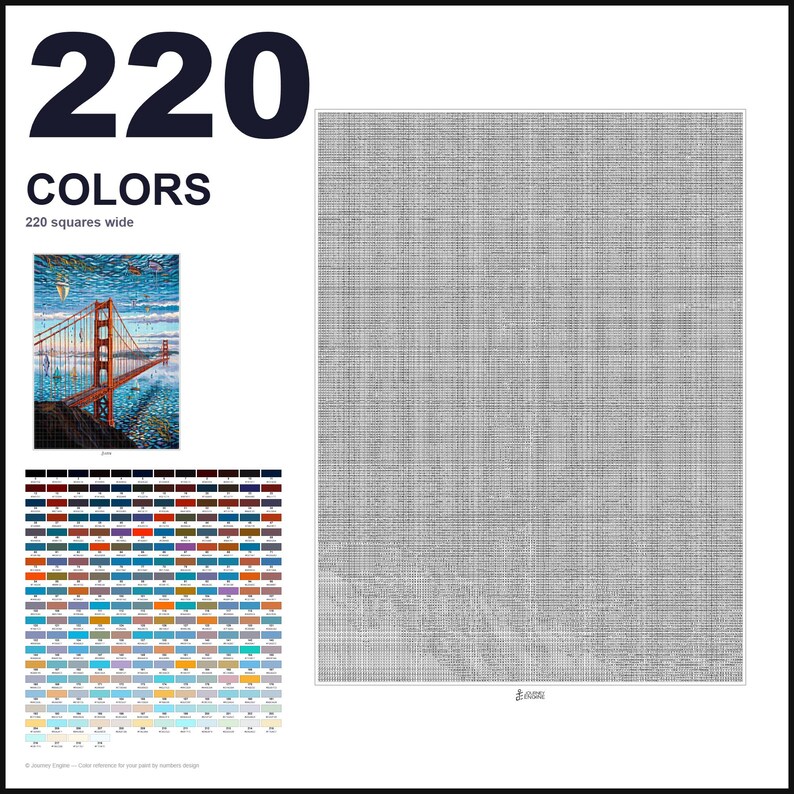 May include: A cross-stitch pattern chart featuring a large grid of symbols, a color reference key with 220 numbered color swatches, and a small preview image of the Golden Gate Bridge. The text 220 COLORS and 220 squares wide is visible.