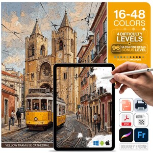Lisboa Pintura por números digital / 4 niveles 16-48 colores / Svg Pdf Png / Portugal Tranvía amarillo Catedral Alfama Viajes para colorear