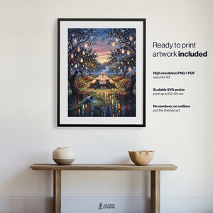 May include: A framed digital art print featuring a twilight orchard scene with a long table set for a meal, illuminated by hanging lanterns in the trees. Text on the right reads: Ready to print artwork included, High-resolution PNG + PDF sized for A3, Scalable SVG poster print up to 60x90 cm, No numbers, no outlines just the finished art.