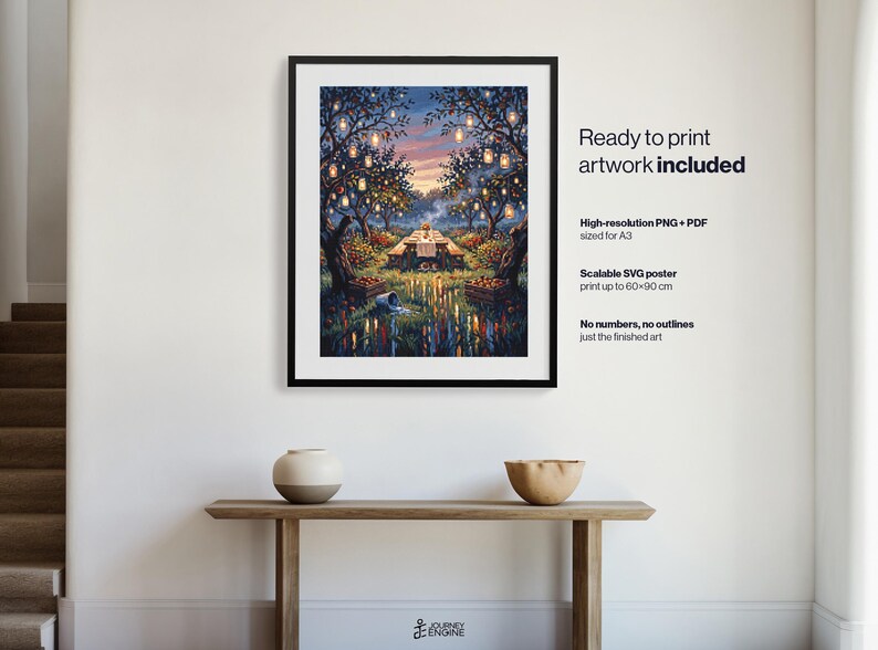 May include: A framed digital art print featuring a twilight orchard scene with a long table set for a meal, illuminated by hanging lanterns in the trees. Text on the right reads: Ready to print artwork included, High-resolution PNG + PDF sized for A3, Scalable SVG poster print up to 60x90 cm, No numbers, no outlines just the finished art.