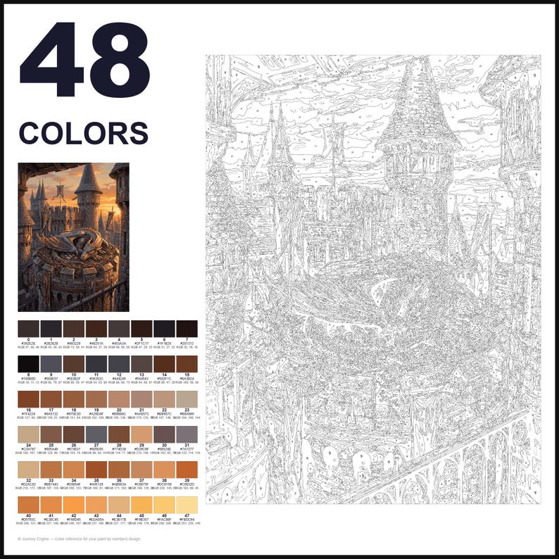 May include: A paint-by-numbers kit featuring a 48-color palette and a line art template of a dragon perched on a castle tower. The set includes a small color reference image showing the finished scene with a sunset sky and stone architecture.
