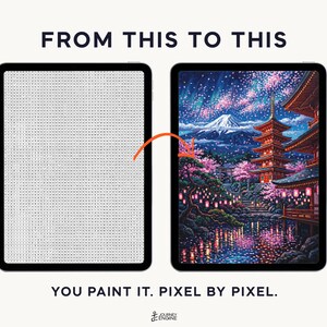 May include: Two tablets displaying a digital paint-by-number activity. The left screen shows a grid of letters, while the right screen displays a finished colorful landscape featuring a pagoda, cherry blossoms, and a mountain. Text reads FROM THIS TO THIS and YOU PAINT IT. PIXEL BY PIXEL.